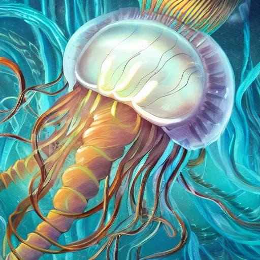 Image similar to studio ghibli jellyfish in a bright ocean deep focus, fantasy, intricate, elegant, highly detailed, digital painting, artstation, concept art, matte, sharp focus, illustration