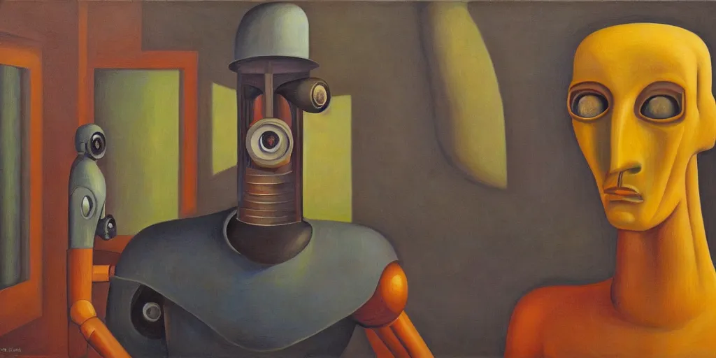 Image similar to sentient robot with soulful eyes portrait, lowbrow, pj crook, grant wood, edward hopper, oil on canvas