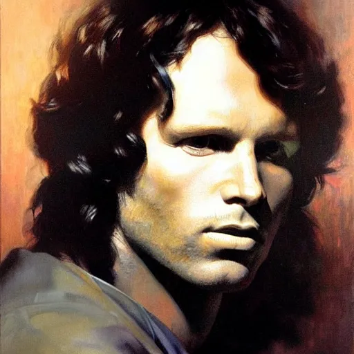 Image similar to portrait of jim morrison, detailed face, detailed painting, epic lighting, by ilya repin, phil hale and kent williams