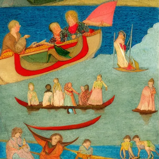 Image similar to The conceptual art depicts a group of well-dressed women and children enjoying a leisurely boat ride on a calm day. The women are chatting and laughing while the children play with a toy boat in the foreground. by Phoebe Anna Traquair flowing