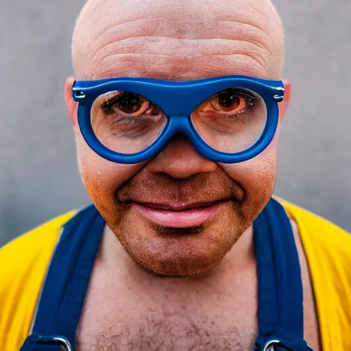 Prompt: portrait photo of a yellow skinned bald wrinkly man with stubble, he wears blue overalls no shirt and thick round goggles over his big hazel eyes, he looks like a human minion, moody cinematic lighting, realistic facial features, hyper detailed, crisp image, leica, 2 4 mm lens