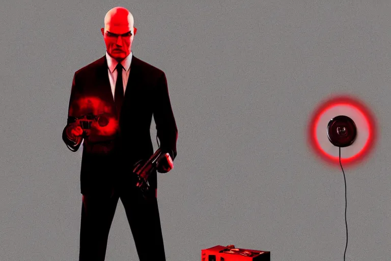 Prompt: an expressive portrait of agent 4 7 from hitman wearing headphones and holding a handgun in front of a wall of vinyl records, head being lit by red rim light, digital art, artstation, art by giger stalenhag