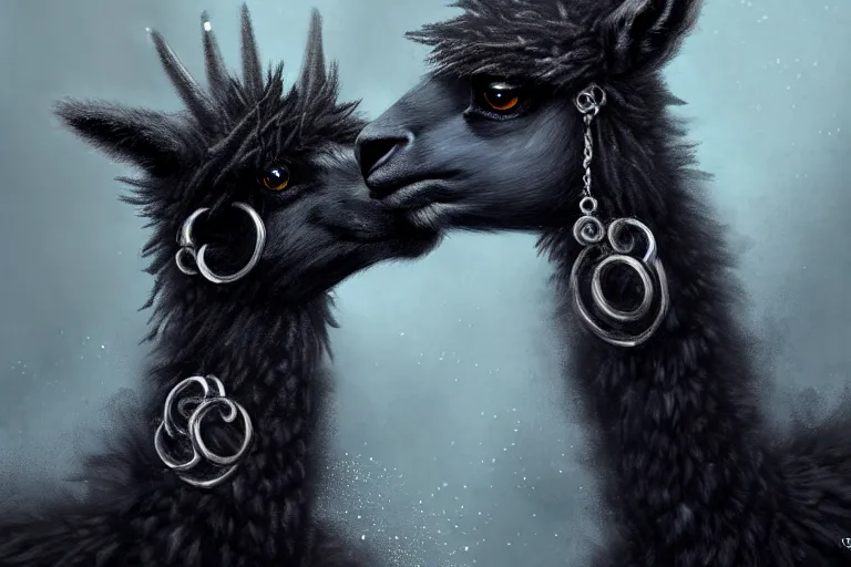 Prompt: highly detailed animal portrait of a goth alpaca with piercings, black eyeshadow, piercings!, earrings!, digital art made by makoto shinkai, lois van baarle, greg rutkowski and jakub rebelka, highly detailed, symmetrical, extremely coherent, smooth, shaped focus, dystopian gray forest background, skull