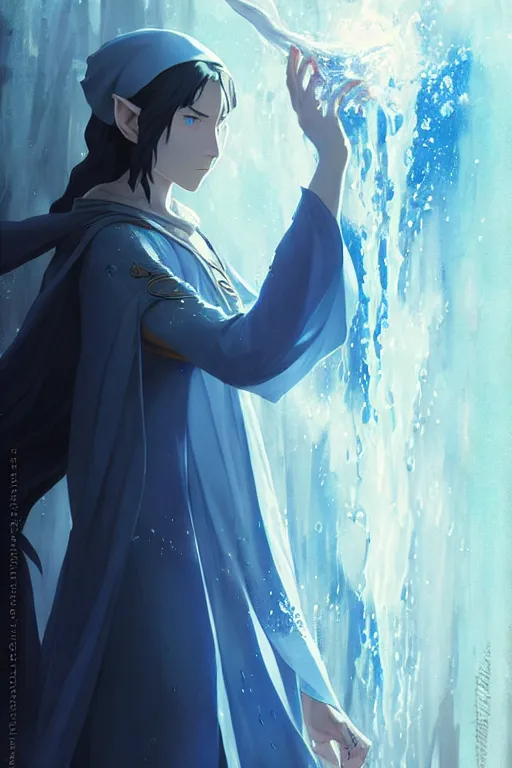 Image similar to elvish female sorcerer doing water magic spells, blue robes, red hair, finely detailed perfect face, exquisite details, mid view, design on a white background, by studio muti, greg rutkowski makoto shinkai takashi takeuchi studio ghibli