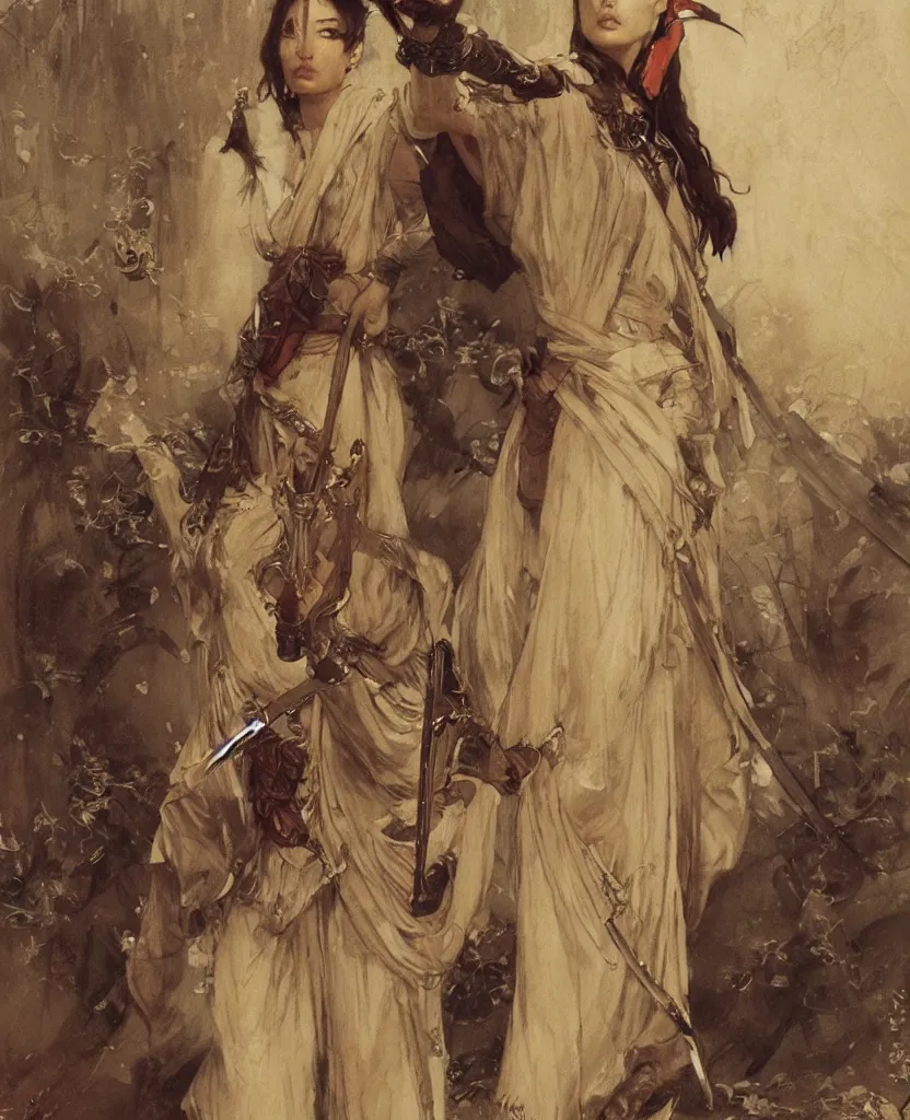 Image similar to modern elegant tanned female samurai ninja, with large engraved sword, abs, wide leg hakama trousers, by gaston bussiere, mucha, gerome, craig mullins, greg rutkowski, john singer sargent