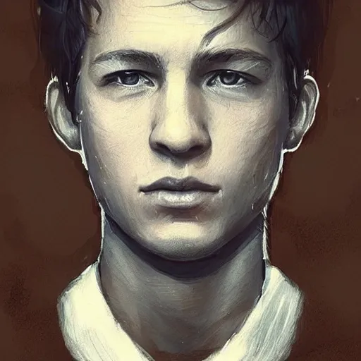 Prompt: portrait of a man by greg rutkowski, he looks like tye sheridan, he is about 2 0 years old, messy brown hair, tired eyes, he is wearing a black and white keblar superhero gear, highly detailed portrait, digital painting, artstation, concept art, smooth, sharp foccus ilustration, artstation hq