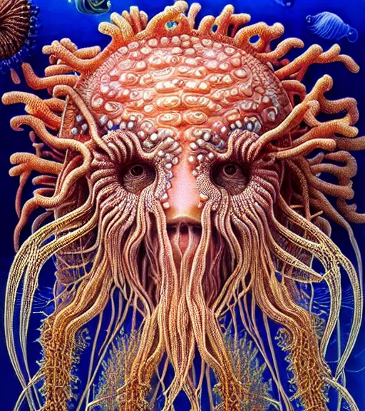 Image similar to hyperrealistic detailed underwater face portrait of the beautiful god of the jellyfish with an intricate headgear of corals, sea kelp, sea plants, fish, starfish, jellyfish, art by ernst haeckel, victor ngai, john william godward, gothic, neo - gothic, ornamental, beautiful deep colours,