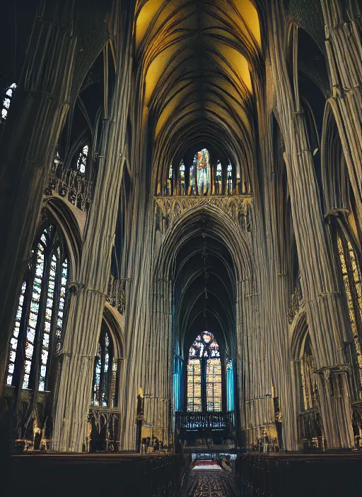 Image similar to a 3 5 mm photo of the interior of a gorgeous gothic cathedral, bokeh, canon 5 0 mm, cinematic lighting, dramatic, film, photography, golden hour, depth of field, award - winning, 3 5 mm film grain, retro, film, kodachrome