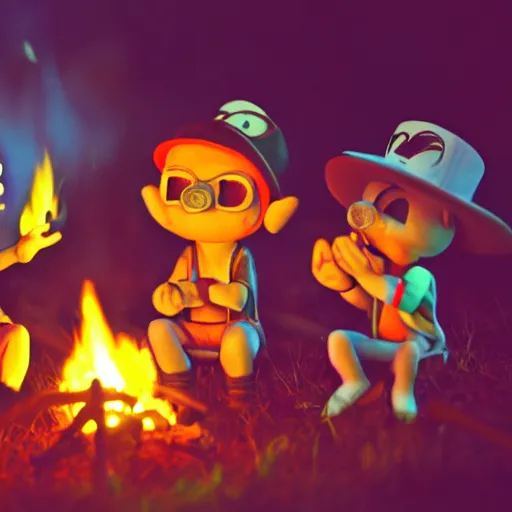 Image similar to tiny toons in real life sitting around a campfire telling stories, photographic, 3D, dark vignette, burning embers, nostalgic, muted colors, slightly drunk, candy rush