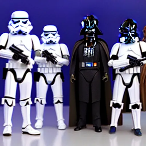 Image similar to starwars in robot chicken show, Darth Vader and stormtroopers, adult swim, action figures