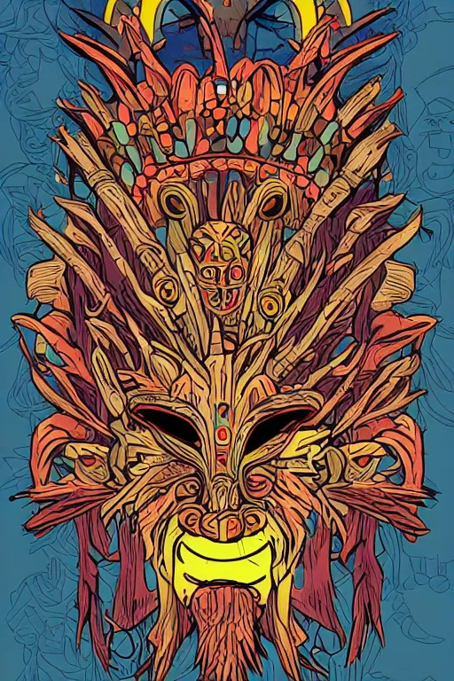 Image similar to animal mask totem roots flower tribal feather gemstone plant wood rock shaman vodoo video game vector cutout illustration vivid multicolor borderlands comics by josan gonzales and dan mumford radiating a glowing aura