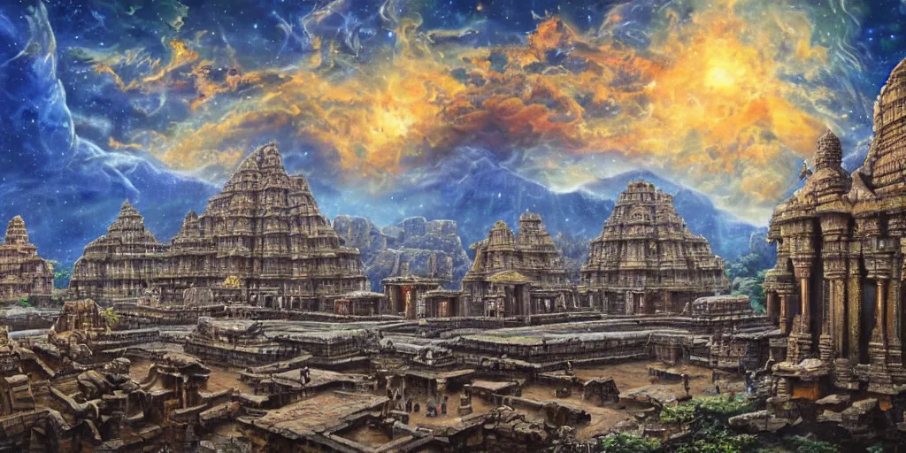 Image similar to fantasy oil painting, mega structure city, indore, kailasa temple, ellora, angkor wat, hybrid, looming, small buildings, warm lighting, street view, overlooking, interstellar space port launching dock, epic, distant mountains, bright clouds, luminous sky, cinematic lighting, michael cheval, david palladini, artstation, oil painting, natural tpose