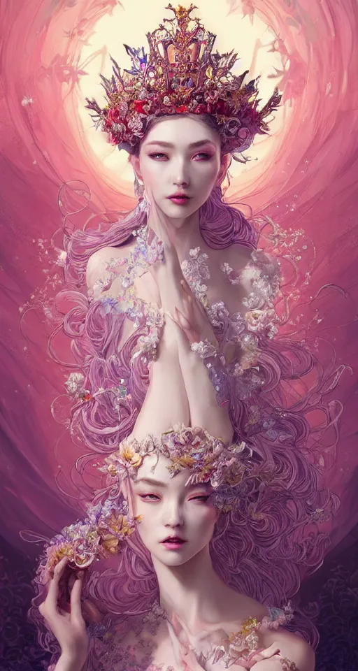 Prompt: A beautiful fantasy empress, highly detailed full body, breathtaking flower tiara, gorgeous aristocrat robe, beautiful figure, epic composition, ultra wide-shot, dynamic pose, concept art, beautifully lit, digital illustration, character design, ((sharp focus)), elegant, intricate, artstation, by WLOP and James Jean and Victo Ngai and Ryohei Hase