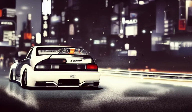 Prompt: wideshot of a rx7 driving in tokyo at night, highly detailed, 4k, deviantart, artstation