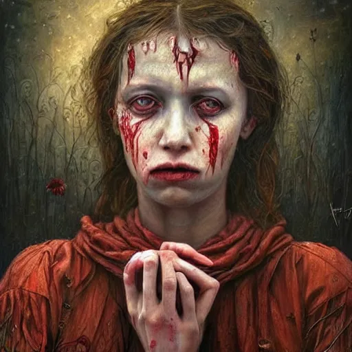 Prompt: a hyperrealistic painting of a beautiful gothic princess crying tears of blood, by Andrea Kowch, vivid color, highly detailed,