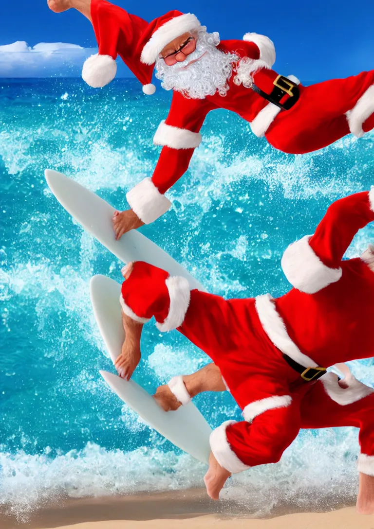 Prompt: 3d rendering of Santa Claus wearing swim suit, surfing on the beach, photo realistic image, super detailed, 4K,cinematic look