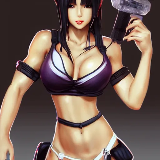 Image similar to beautiful tifa from final fantasy in a bikini, drawn by artgerm