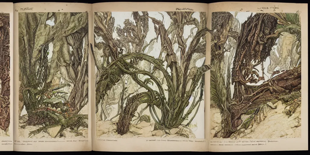 Prompt: high resolution scan of the pages of an old and alien herbarium, by john howe