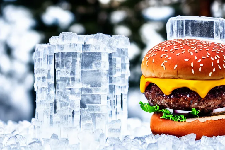 Prompt: a clear ice sculpture of a burger made entirely of ice, 4 k