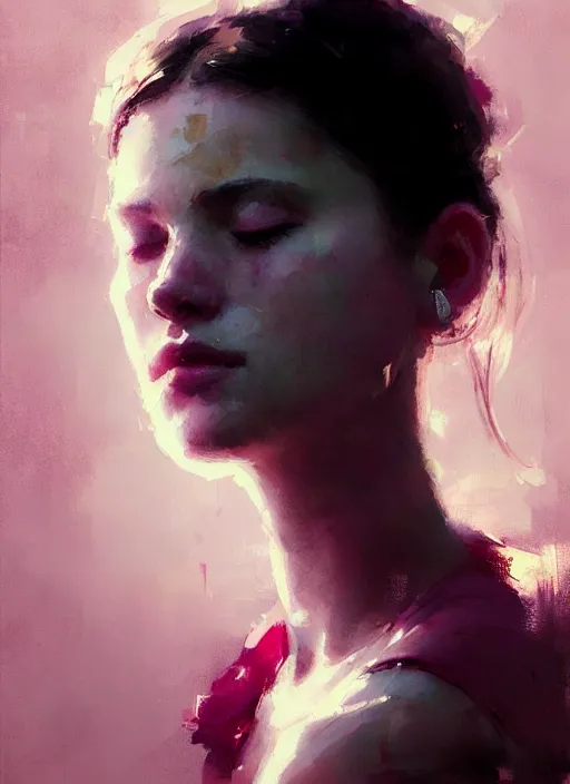 Prompt: portrait of a beautiful girl, eyes closed, shades of pink, beautiful face, rule of thirds, intricate outfit, spotlight, by greg rutkowski, by jeremy mann, digital painting