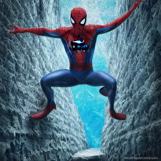 Image similar to spiderman frozen in carbonite, ultra realistic, intricate details, highly detailed, photorealistic, 8 k, vegetation, water, cave