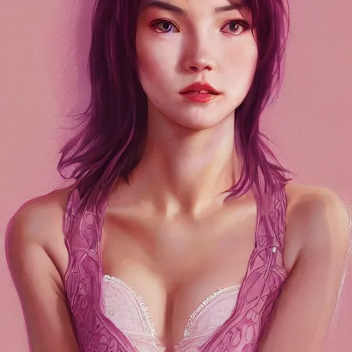 Prompt: portrait of cassandra cain wearing lacy nightgown, pink hair, attractive, casual, modern, victoria's secret, highly detailed, digital painting, artstation, concept art, smooth, sharp focus, illustration, art by artgerm, greg rutkowski and alphonse mucha