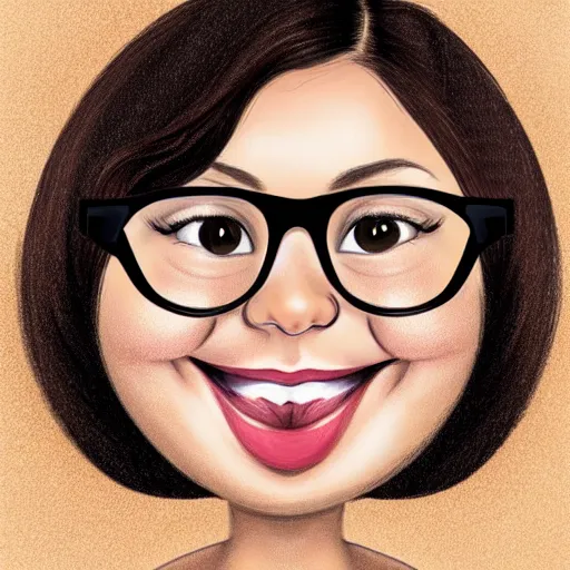 Prompt: round curvy brunette woman with messy hair in a short bob, big forehead, round face, big cheeks, large glasses, romanian heritage, brown almond-shaped eyes, smile, olive skin, round nose, protruding chin, wide face, thin lips, wide mouth, no bangs, digital art, painterly, cartoon, cute, 8k, illustration, art by loish, painterly, trending on artstation, medium shot, uncropped