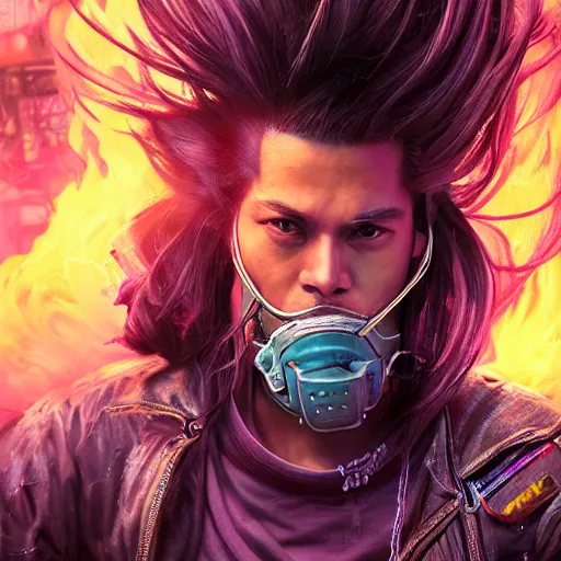 Image similar to portrait painting of a street samurai with long purple hair riding a motorcycle through a burning cyberpunk slum, glitchwave, ultra realistic, concept art, intricate details, eerie, highly detailed, photorealistic, octane render, 8 k, unreal engine. art by artgerm and greg rutkowski