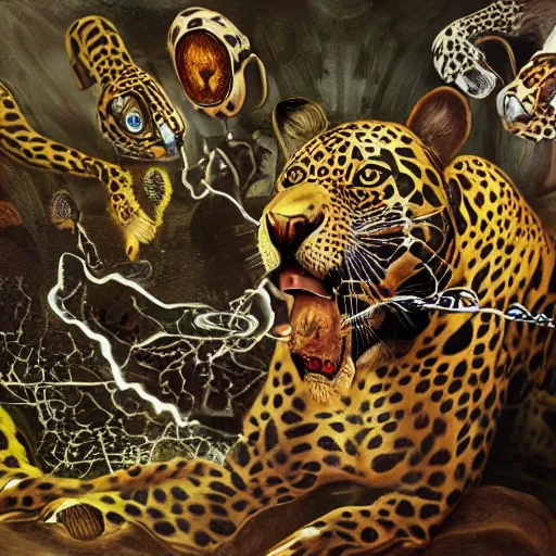 Prompt: an intricated and detailed painting of a shaman turning into a jaguar by salvador dali 4 k render