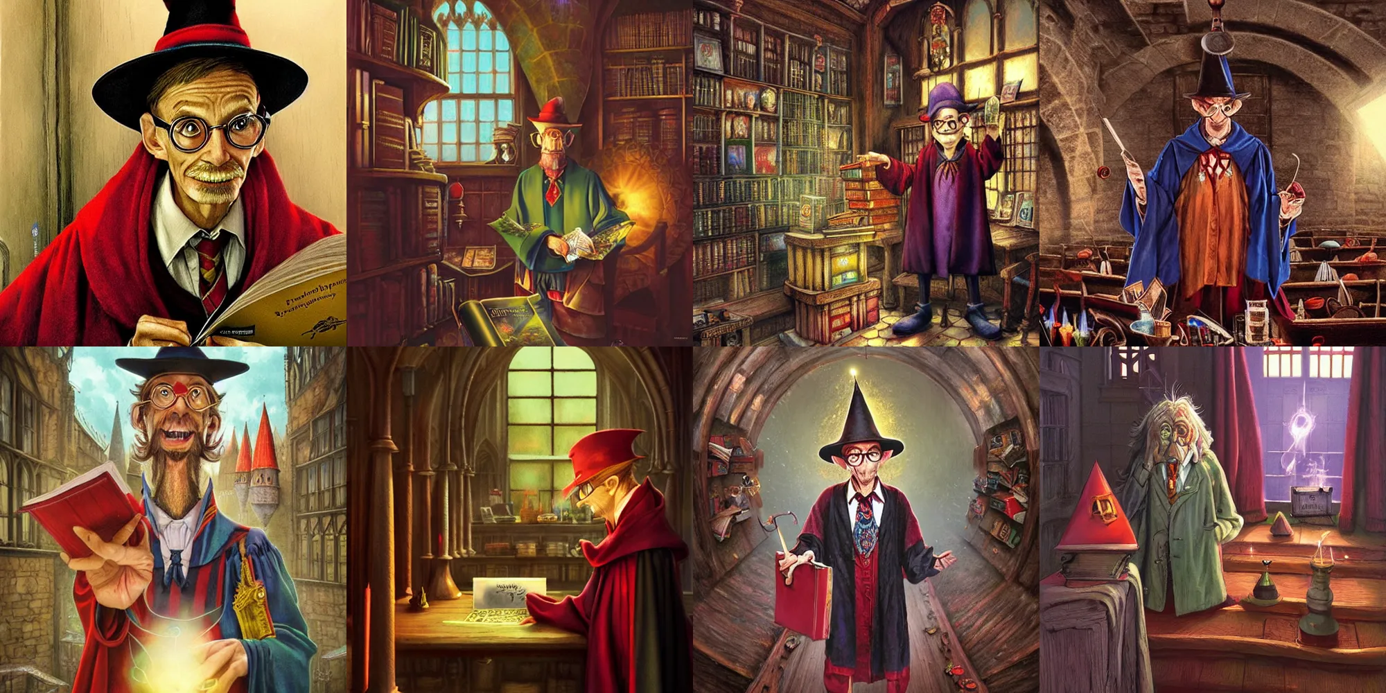 Prompt: Rincewind as a nervous professor in Hogwarts School of Witchcraft and Wizardry, detailed, hyperrealistic, colorful, cinematic lighting, digital art by Paul Kidby’
