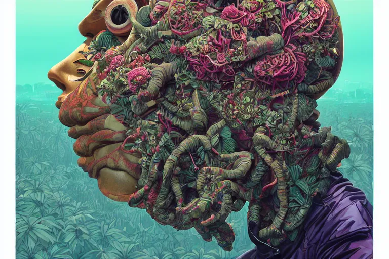 Image similar to gigantic robot head, a lot of exotic vegetation, trees, flowers by moebius, junji ito, tristan eaton, victo ngai, artgerm, rhads, ross draws, hyperrealism, intricate detailed