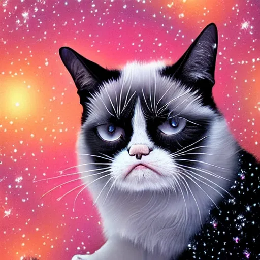 Prompt: Grumpy cat bathing in the opalescent cosmos, his worries melting away leaving a slight smirk on relaxed face, surrounded by stars and fancy feast, his decadence knows no bounds, he is grumpy no more