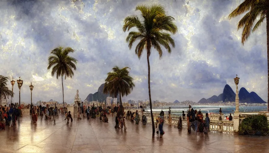 Image similar to a ultradetailed beautiful painting of the thundertorm sky of rio de janeiro palace balustrade designed by jules bastien - lepage, derek zabrocki, greg rutkowski, belsinski, beach, trending on artstation, mediterranean, palm trees, sharp focus, colorful refracted sparkles and lines, soft light, 8 k 4 k