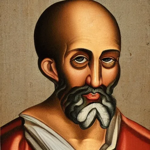 Image similar to portrait of ancient silly greek man with sharp nose. fine detail. artistic painting by lurid