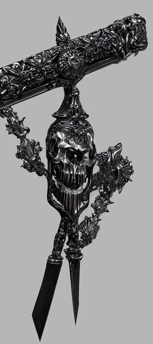 Image similar to a black and silver sword skull crest, orthographic, ornament, weapon, a 2 d render by dom qwek, front side, concept art, trending on polycount, artstation, hard surface modeling, rendered in maya, zbrush, hd, vray, blizzard, symmetry