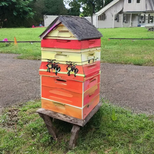 Prompt: a beehive that has been painted on by children