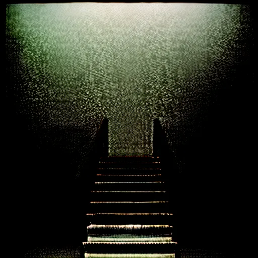 Image similar to black and white surreal photograph, highly detailed vast space made of stairsteps, sideview, detailed textures, natural light, mist, architecture photography, film grain, soft vignette, sigma 1 4 mm f / 1. 4 1 / 1 0 sec shutter, imax 7 0 mm footage