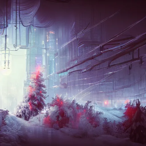 Image similar to mystic winter landscape, cyberpunk atmosphere, horror colors
