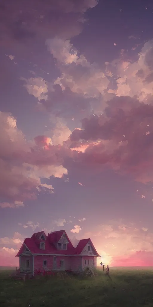 Prompt: a pink house in the sky, clouds, sunset, greg rutkowski, zabrocki, karlkka, jayison devadas, trending on artstation, 8 k, ultra wide angle, zenith view, pincushion lens effect