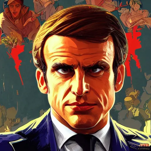 Prompt: [Flamboyant Macron as GTA character, propaganda, closeup, D&D, intricate, elegant, highly detailed, digital painting, artstation, concept art, matte, sharp focus, illustration, art by Artgerm and Greg Rutkowski and Alphonse Mucha]