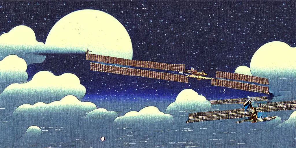 Image similar to a space station by kawase hasui. hd