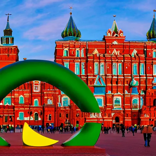 Prompt: symmetrical photo of giant mango sculpture on red square, super ariel wide shot, bokeh, golden hour