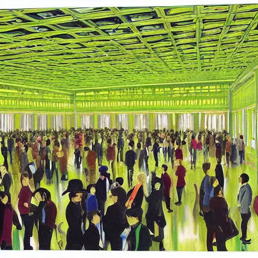 Image similar to A beautiful painting of a large room with many people in it. There is a lot of activity going on, with people talking and moving around. The room is ornately decorated and there is a large window at one end. cyber noir, lime green by Taiyō Matsumoto AWESOME, elegant