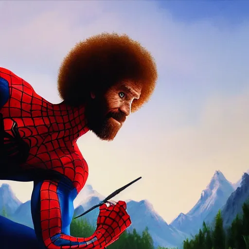 Image similar to a closeup photorealistic photograph of bob ross working on a canvas painting of spiderman. film still. brightly lit scene. mountains and trees. this 4 k hd image is trending on artstation, featured on behance, well - rendered, extra crisp, features intricate detail, epic composition and the style of unreal engine.