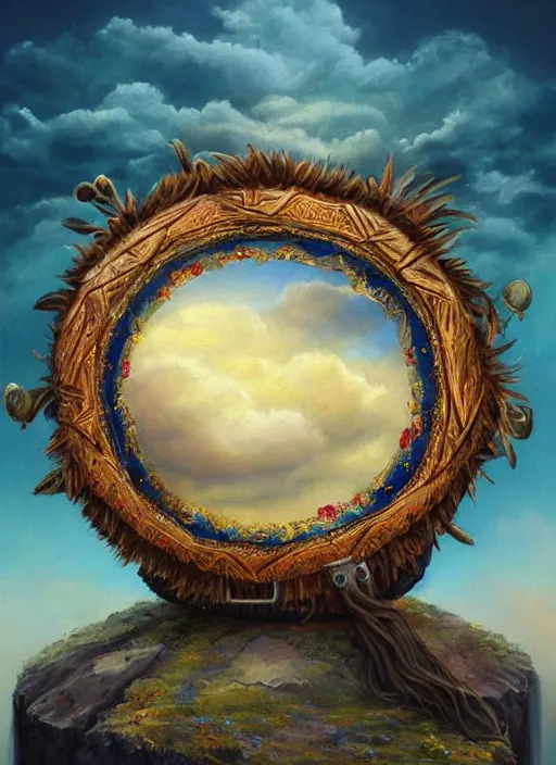 Image similar to a beautiful painting of a highly decorated round shamanic drum on the ground, with a beautiful cloudy sky, fantasy art, matte painting