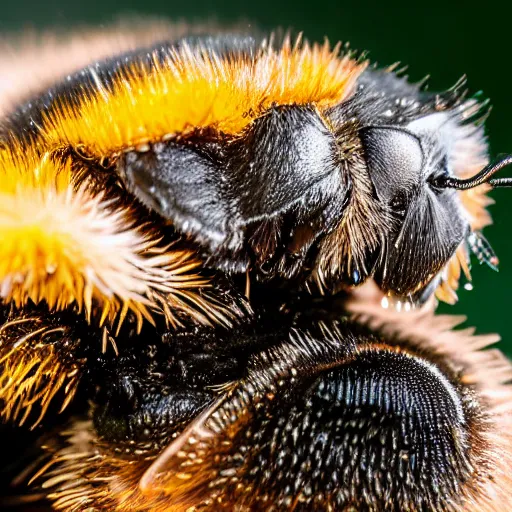 Prompt: macro photography of a bee landing on a high detailed dog's nose. pollen on the nose. bokeh. contest winning photography. 8 k. hyper - realistic