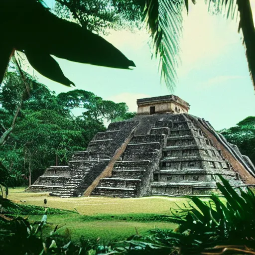 Prompt: mayan pyramids in a jungle next to a camp with tents, photorealistic, highly detailed, photo, cinestill