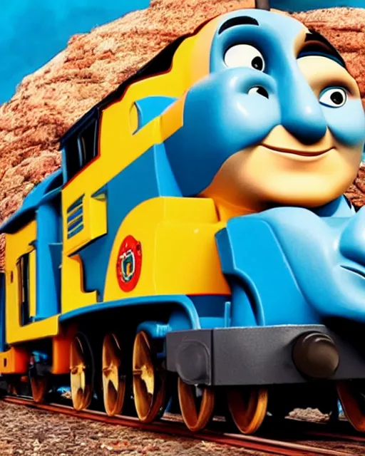 Image similar to Film still close-up shot of Dwayne Johnson as the Thomas the Tank Engine from the movie Thomas and the Magic Railroad. Photographic, photography