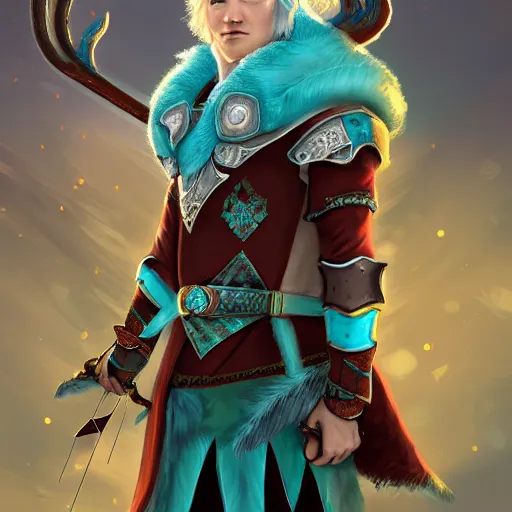 Prompt: handsome male snow elf archer portrait, turquoise cape and silver ornate armour as an archer, magical tundra background, albino skin, perfect face, very coherent symmetrical artwork, trending on artstation, award - winning