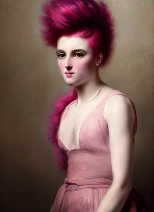 Prompt: a detailed portrait of woman with a mohawk by edouard bisson, pink hair, punk rock, oil painting, muted colours, soft lighting